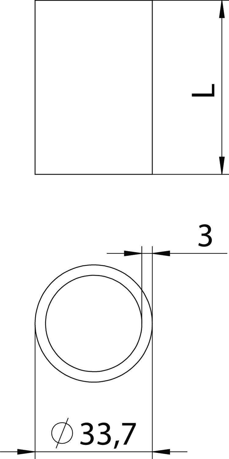 Tehnički nacrt cijevi promjera 33,7 mm i duljine 3 mm. Prikazuje prednji i bočni pogled.