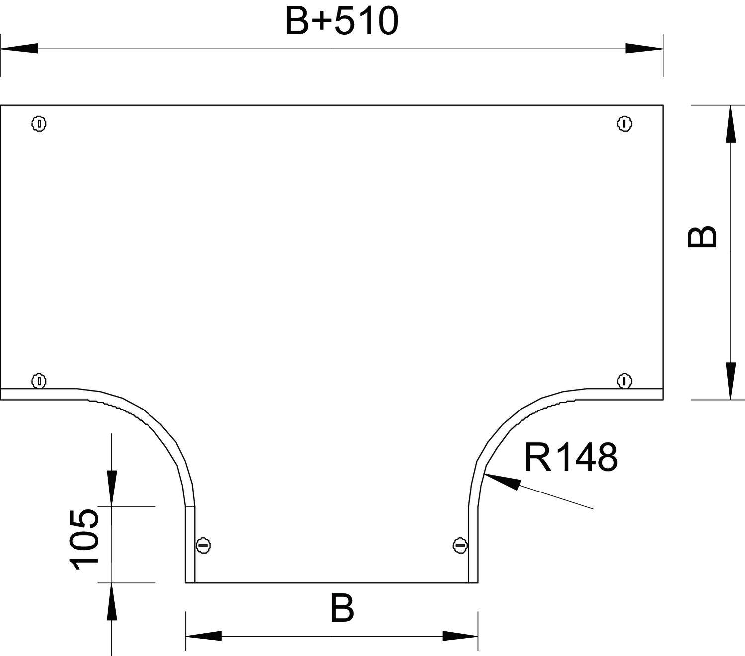 Tehnički nacrt pravokutnog dijela s zaobljenim otvorom na dnu. Dimenzije: 'B+510', 'B', širina otvora 'R148', visina 105.
