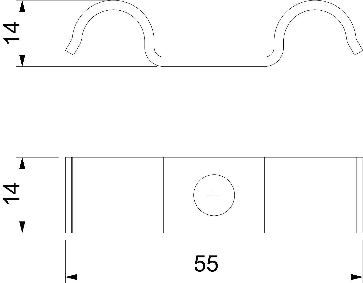 Tehnički nacrt metalnog kopča, pogled odozgo i bočni pogled. Duljina 55 mm, visina 14 mm. Pogodan za učvršćivanje cijevi.