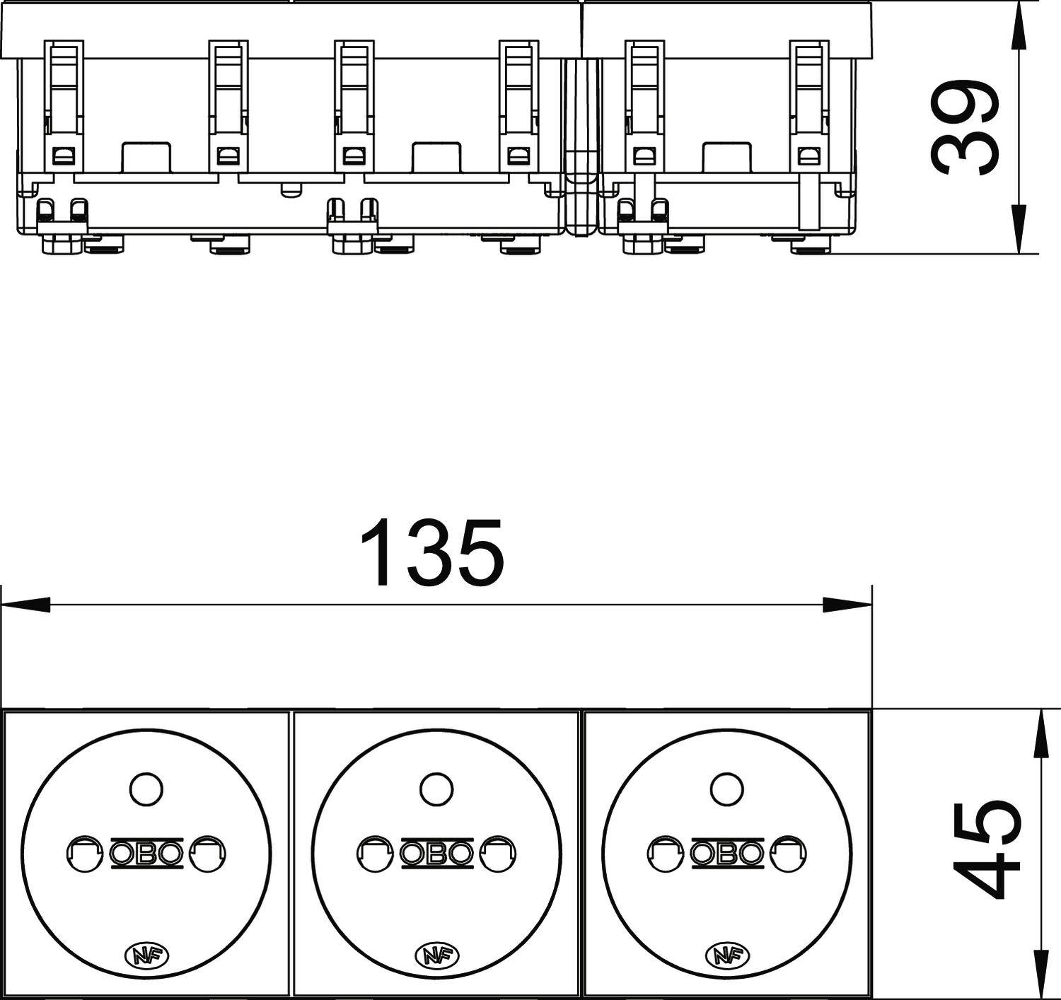 Tehnički nacrt tri uzastopne utičnice s dimenzijama: širina 135 mm, visina 45 mm, dubina 39 mm.