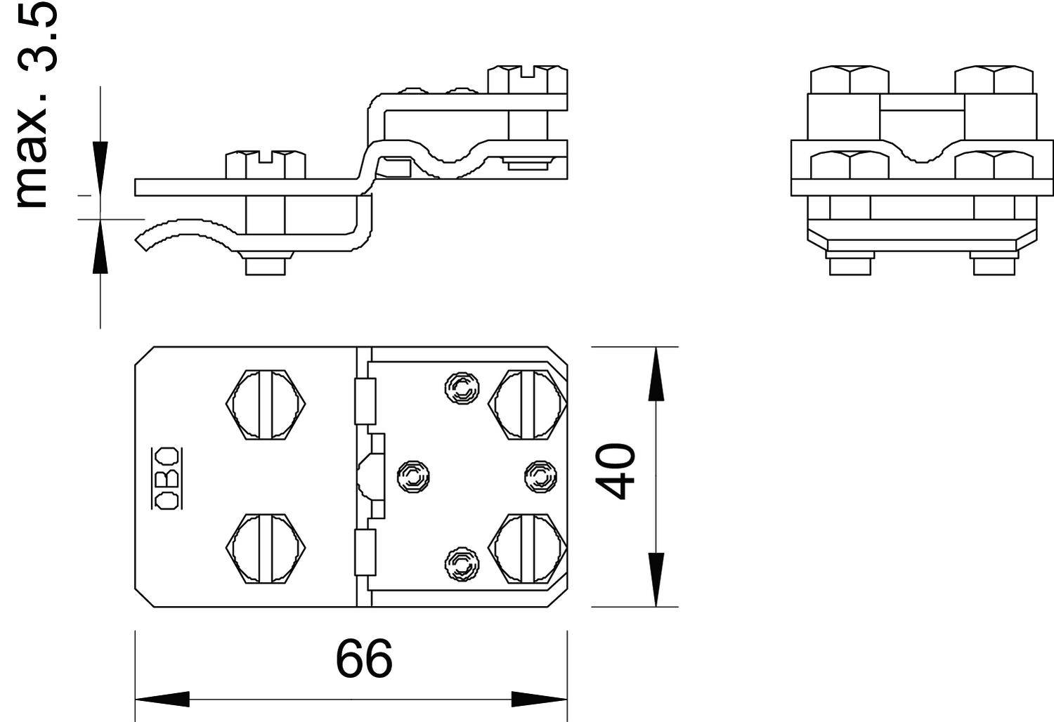 Tehnički nacrt pravokutne kabelske stezaljke dimenzija 66 mm x 40 mm i maksimalne debljine od 3,5 mm.