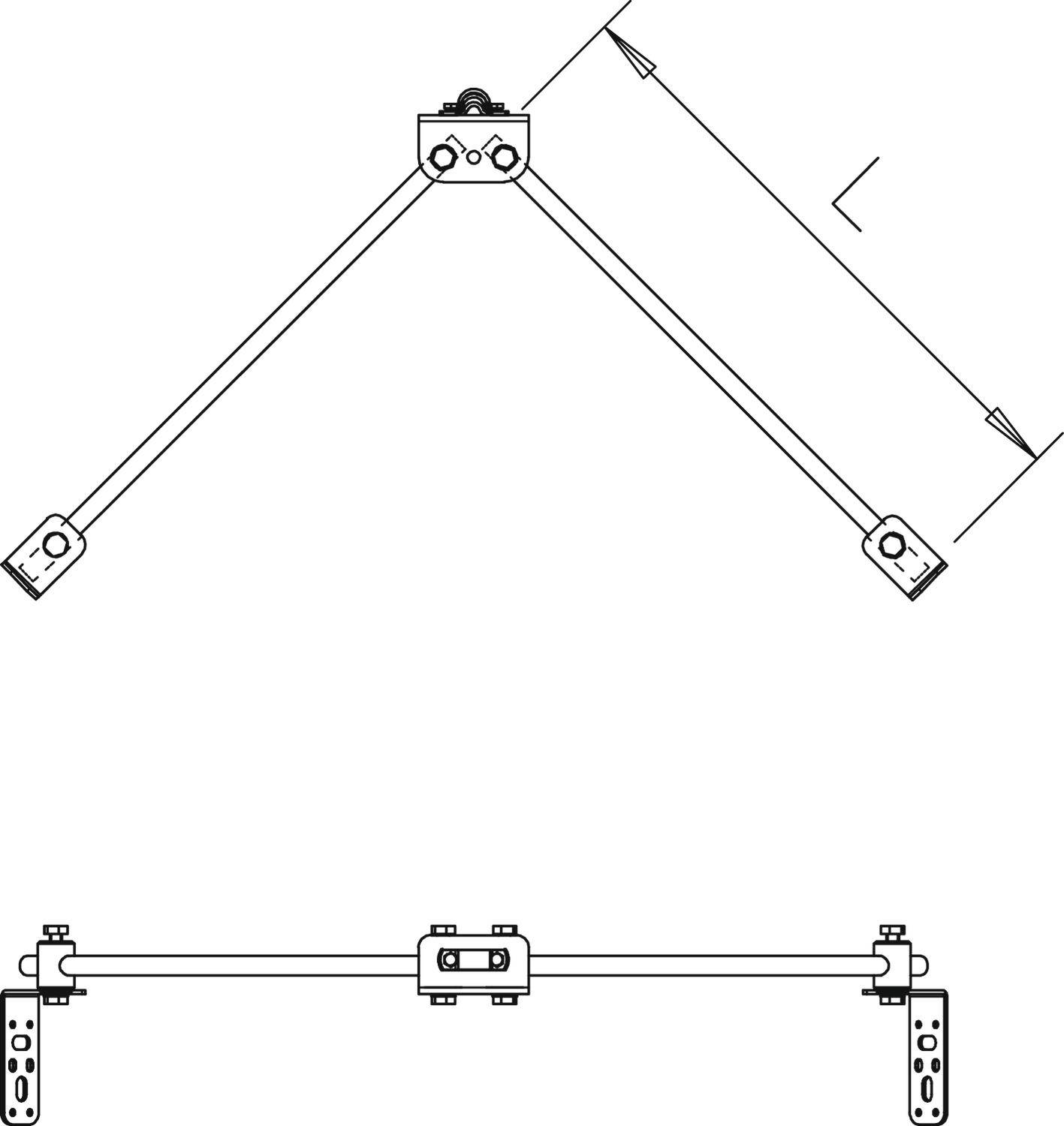 Tehnički nacrt kutnog i štapnog mehanizma s podesivim pričvršćivanjima. Prikazuje prednji i bočni pogled za precizne upute za montažu.