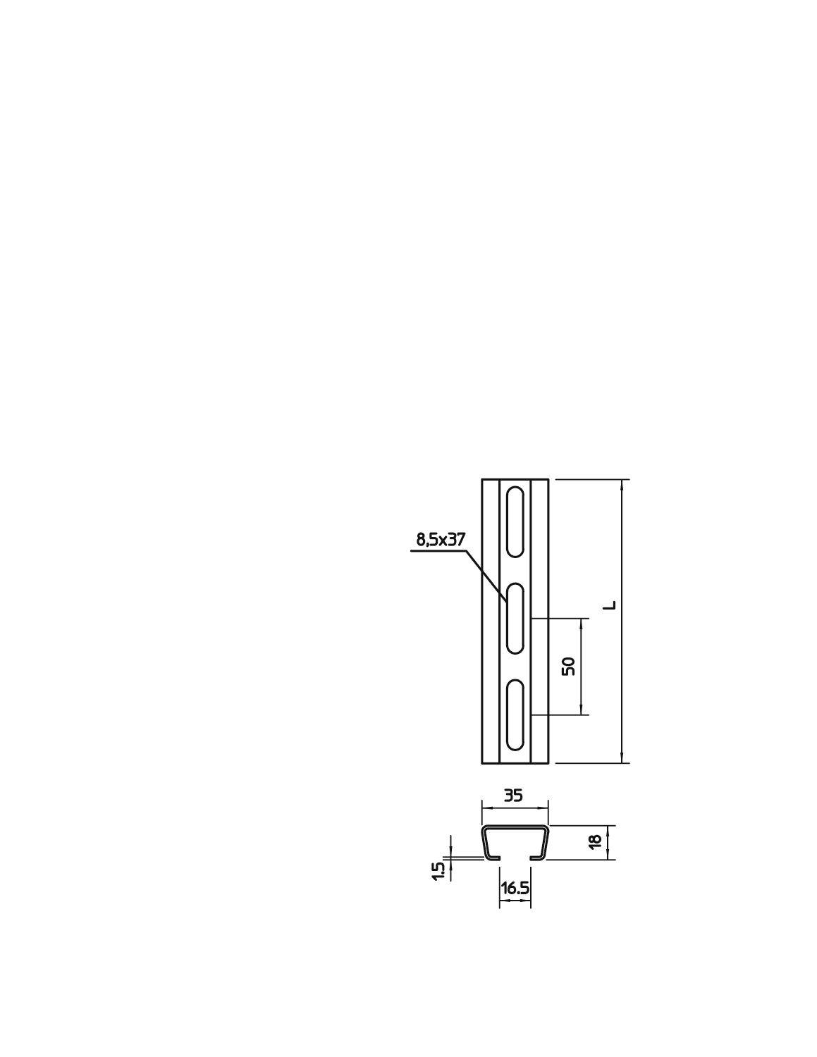 Tehnički nacrt metalnog profila s rupama, dimenzije: 8,5x37, 90, 15, 35, 16,5. Pogled profila sa strane i odozdo.