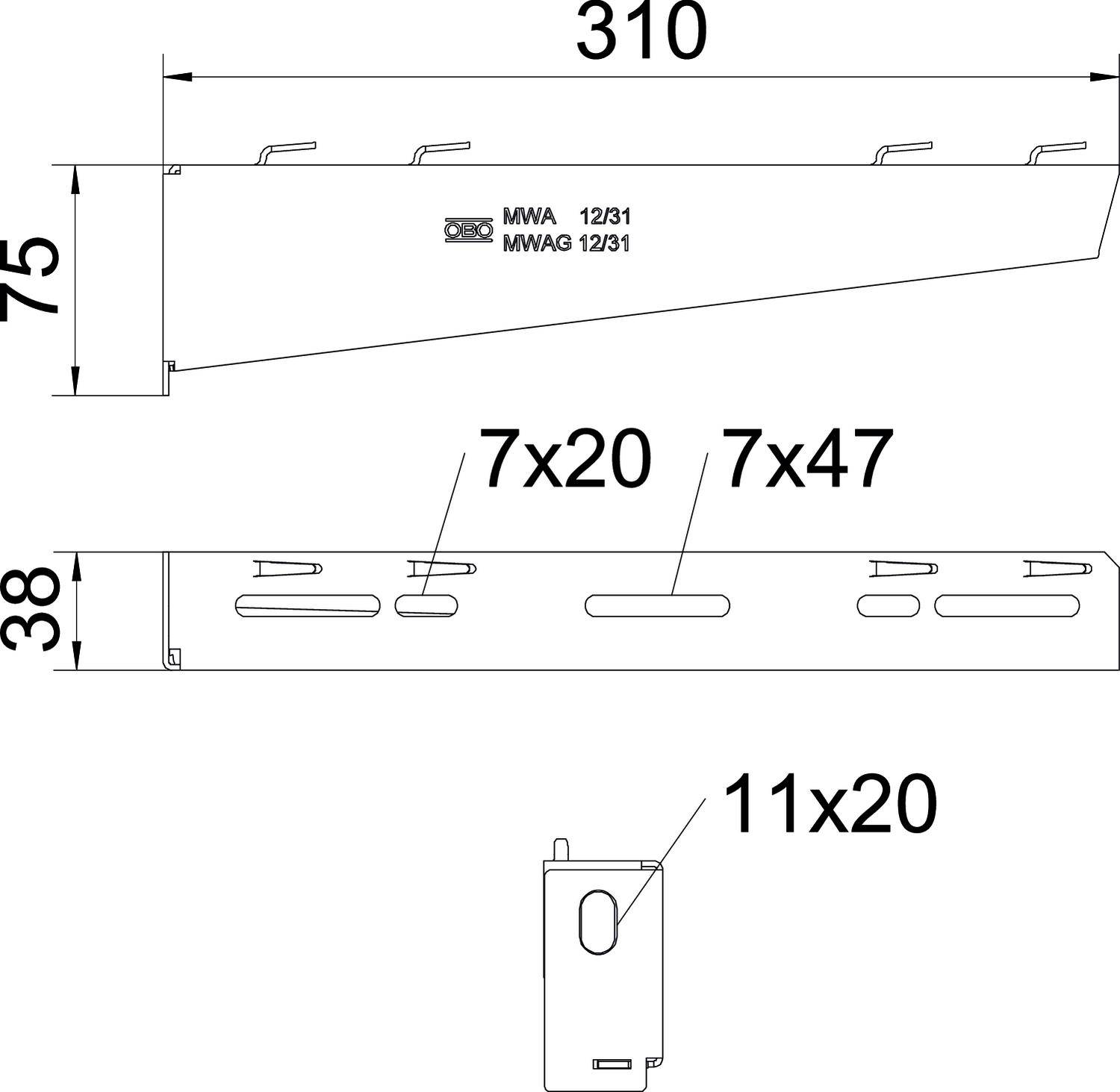 Tehnički nacrt dijela s dimenzijama 310 mm, 75 mm i 38 mm. Sadrži veličine rupa 7x20, 7x47 i 11x20 mm.
