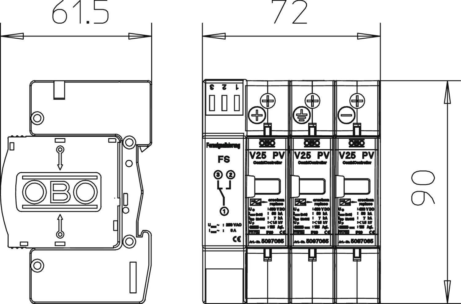 'Tehnički crtež uređaja za zaštitu od prenapona s pet sklopki. Navedene dimenzije: širina 72 mm, visina 90 mm, dubina 61,5 mm.'