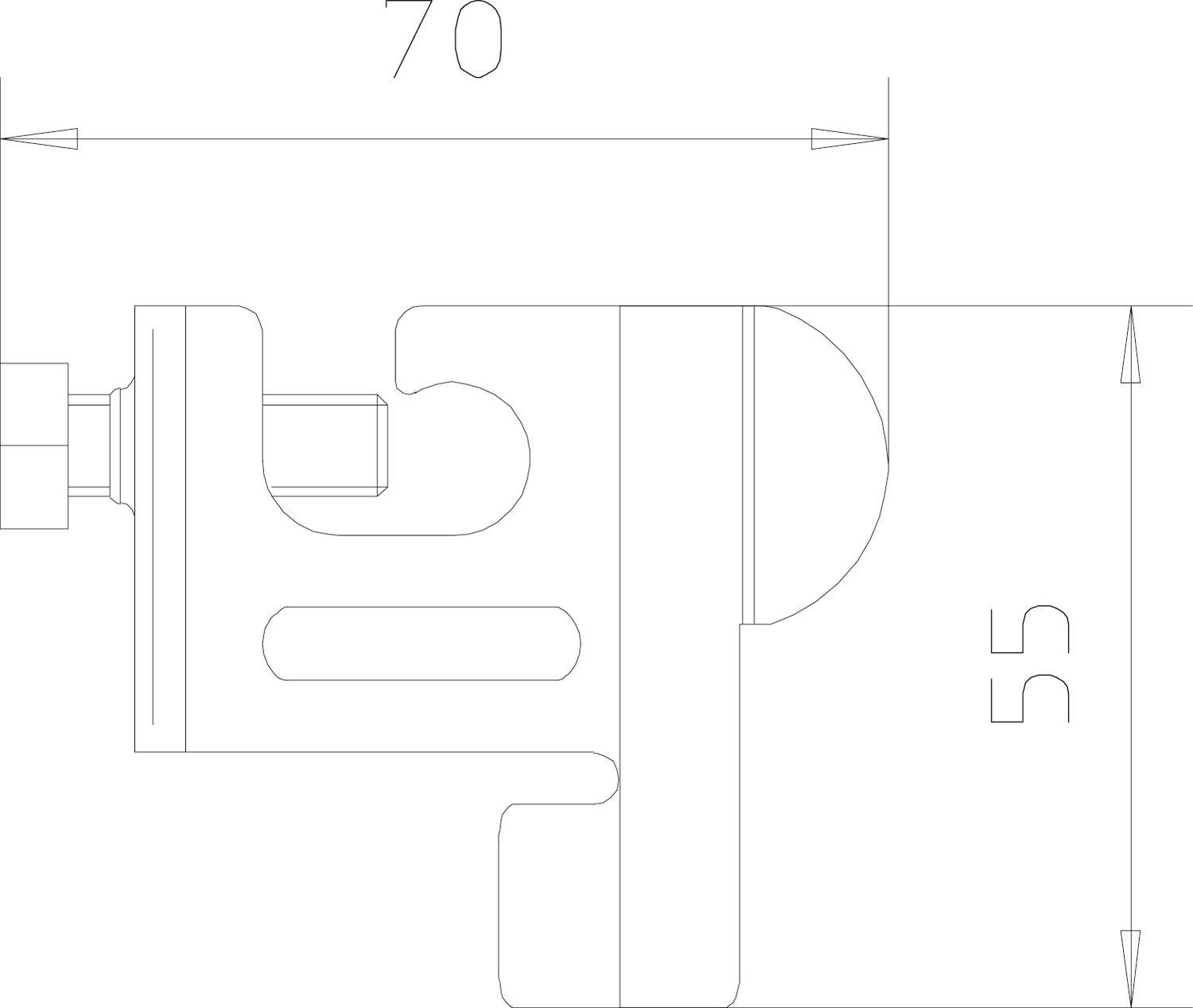 Tehnički nacrt nosača s dimenzijama: duljina 70 mm, visina 55 mm. Bočni pogled prikazuje detalje strukture.