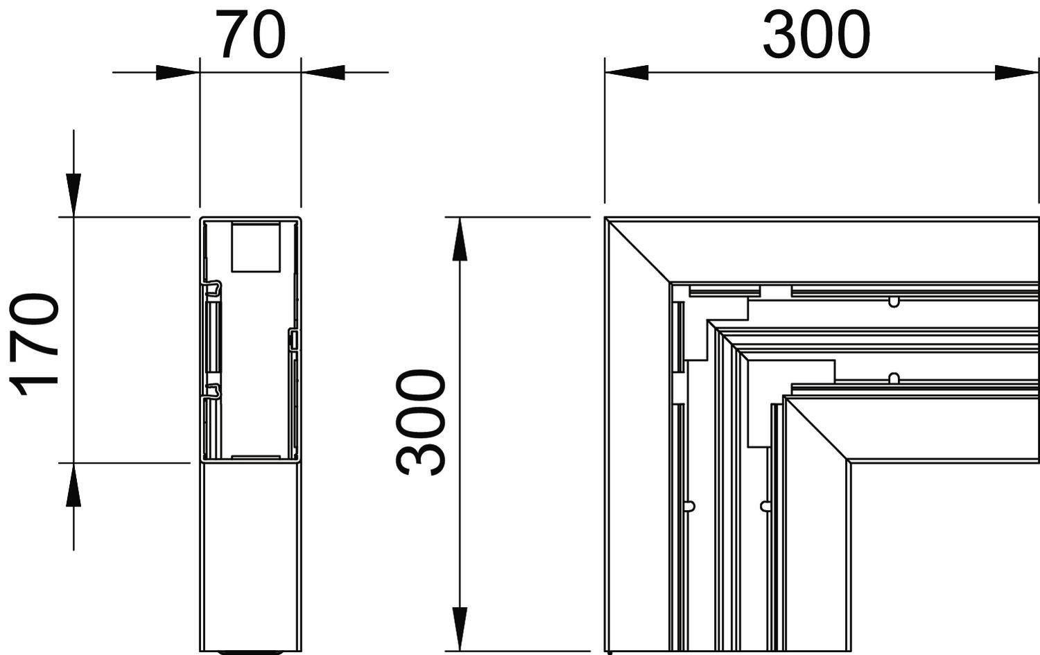 Tehnički nacrt pravokutnog dijela dimenzija 70 x 170 x 300 mm s detaljnim kutovima i spojevima.