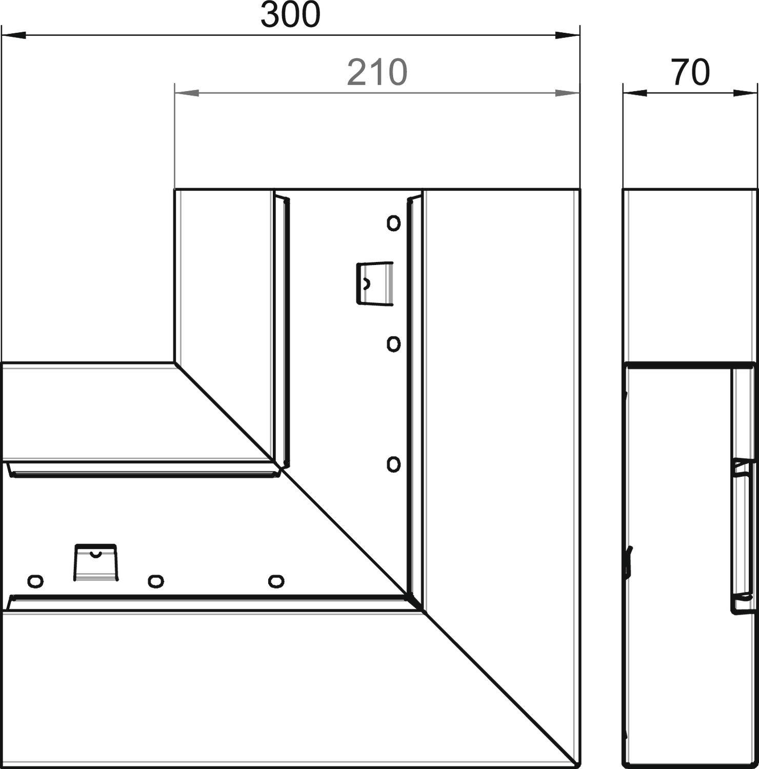 Tehnički nacrt uređaja s dimenzijama: širina 300, visina 210, dubina 70. Prikazuje prednji pogled i bočni pogled s detaljima.