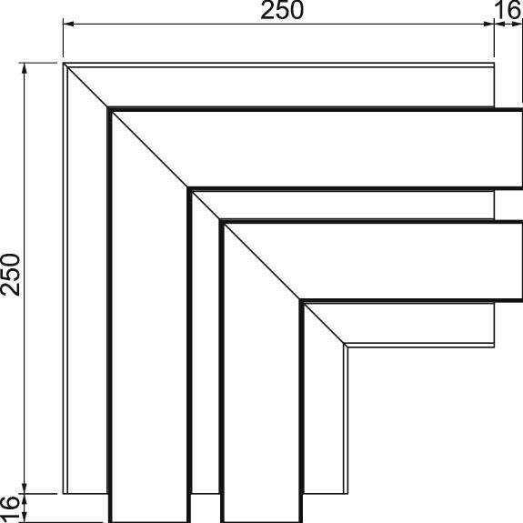 Tehnički nacrt složenog pravokutnog okvira. Dimenzije: 250x250 mm i debljine 16 mm. Prikazuje preklapanje i mjere.