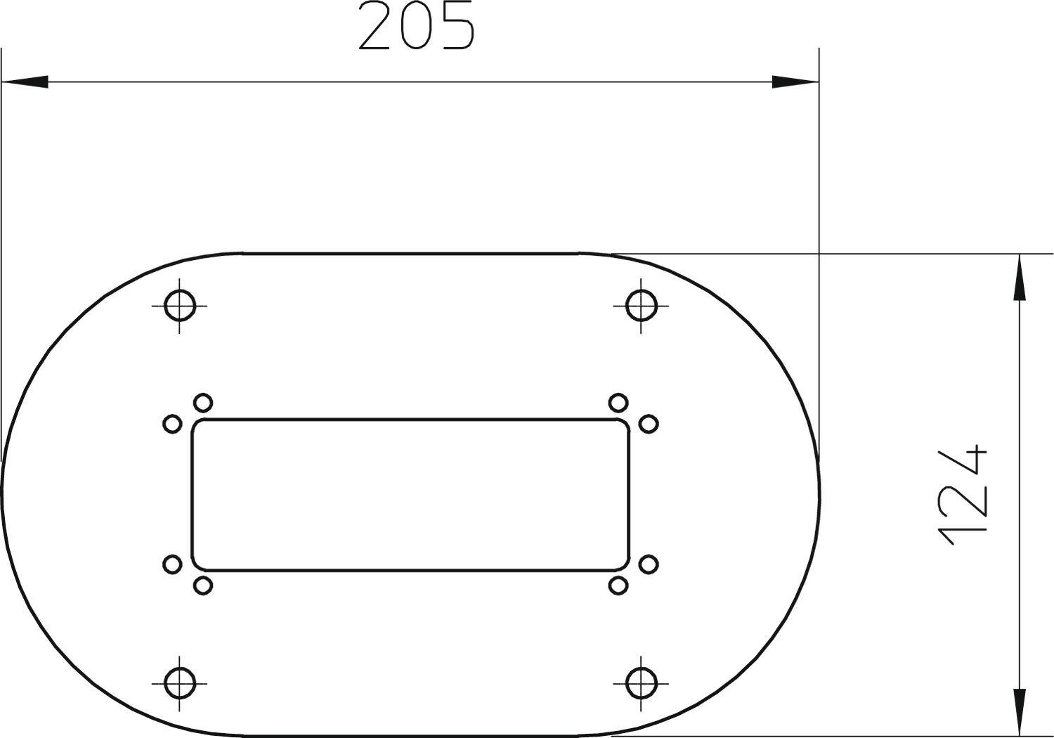 Tehnički nacrt ovalnog prirubnika s dimenzijama 205 mm širine i 124 mm visine. Sadrži provrtene rupe na uglovima.