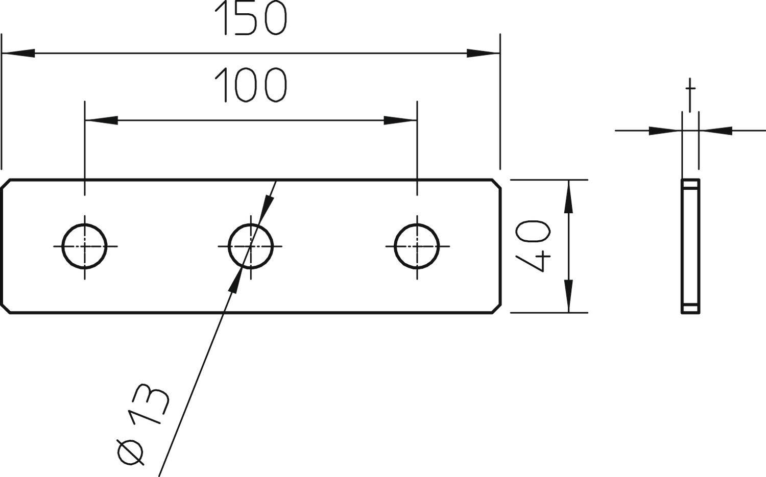 Tehnički nacrt pravokutne metalne ploče dimenzija 150x40 mm, s tri rupe (promjera 13 mm) i razmakom od 100 mm između rupa.