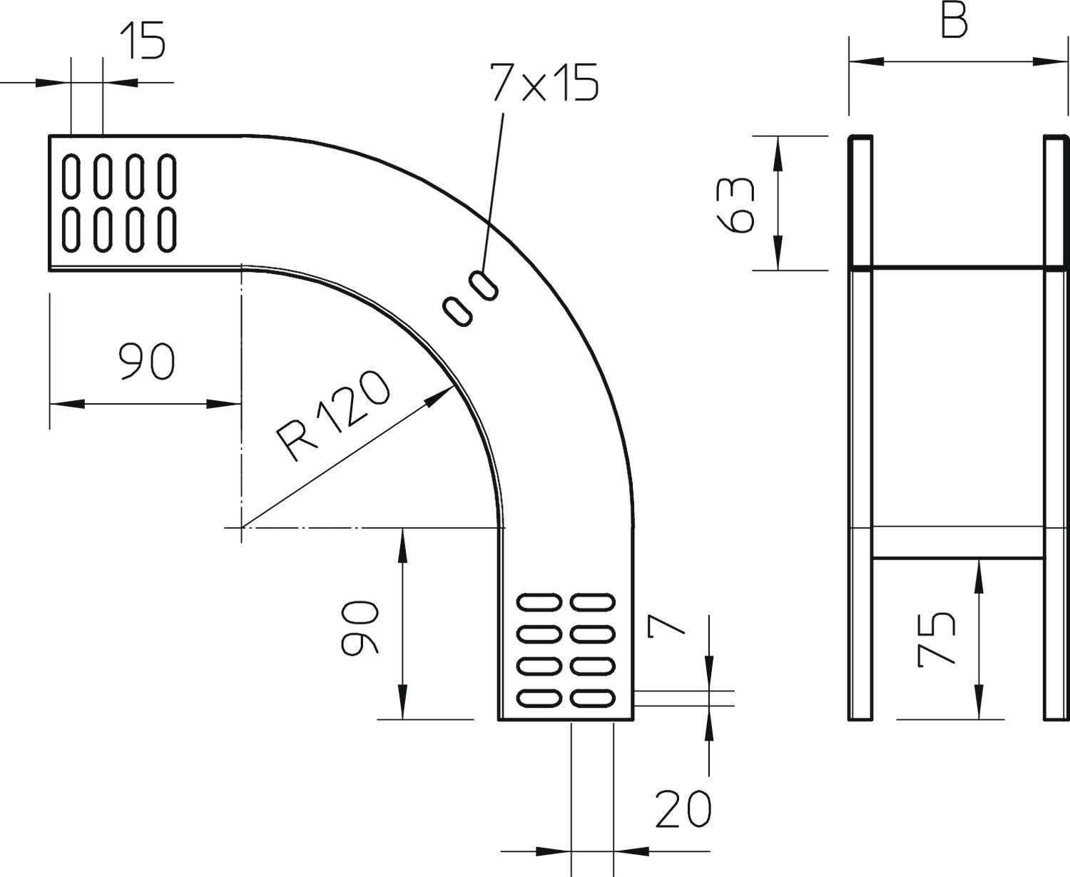 Tehnički nacrt savijeног metalnog komada s dimenzijama: Radijus 120, Širina 15, Duljina 90. Uzorak rupa 7x15 dostupan.