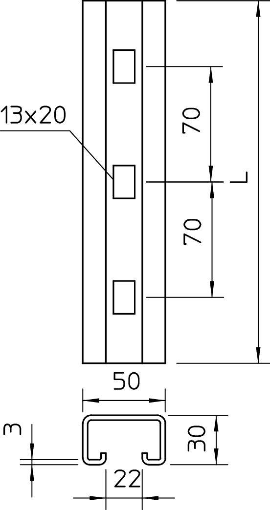 Tehnički nacrt U-profila s dimenzijama: rupe 13x20 mm, širina 50 mm, debljina 3 mm, unutarnji razmak 22 mm, visina profila 70 mm.