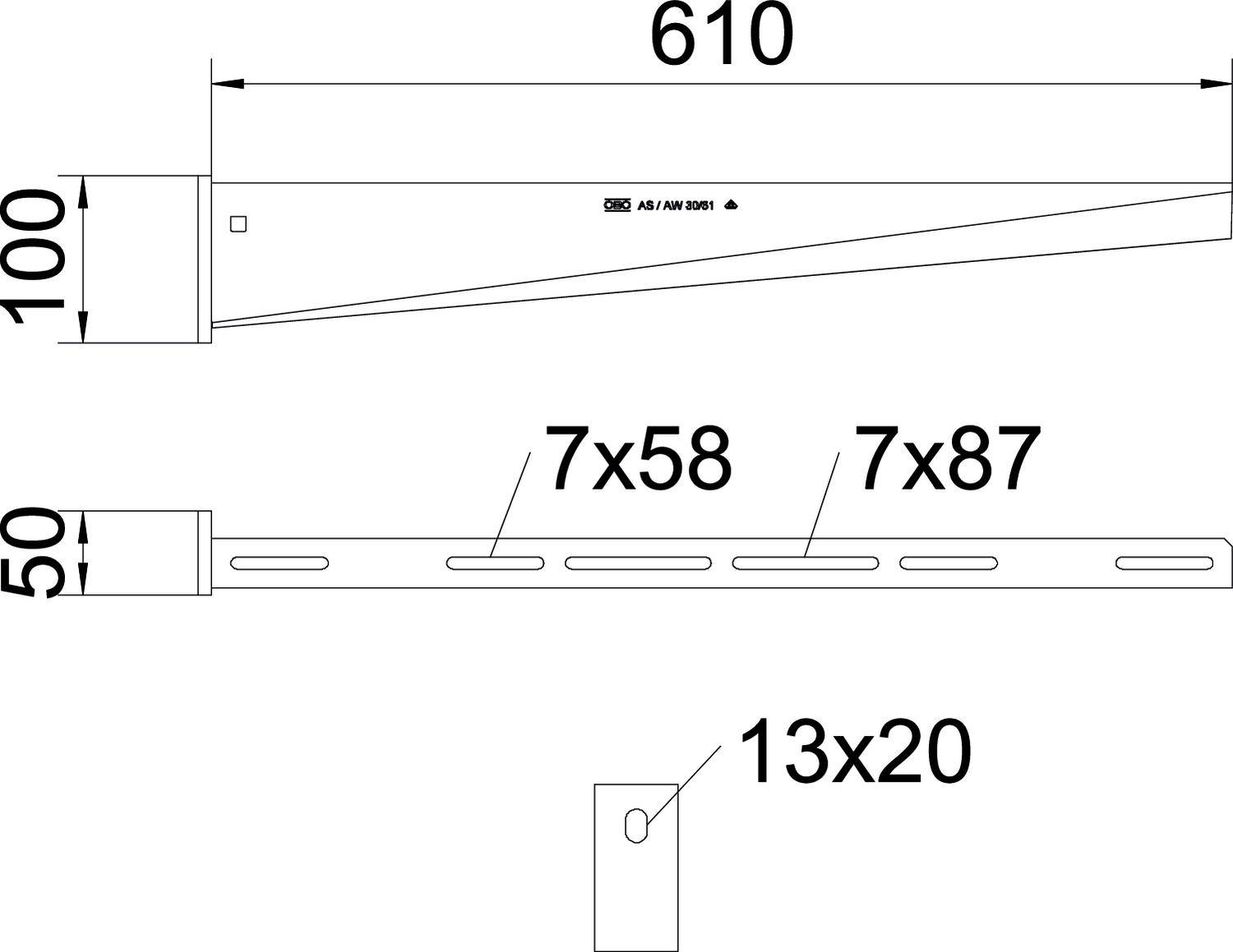 Tehnički nacrt dijela s dimenzijama: 610 mm duljina, 100 mm i 50 mm visina. Rupe: 7 promjera 58 mm, 7 promjera 87 mm, 13x20 mm.