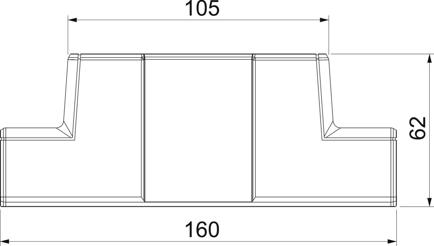 Tehnički nacrt pravokutnog objekta s dva povišena kraja. Oznake širine: 105 mm i 160 mm, oznaka visine: 62 mm.