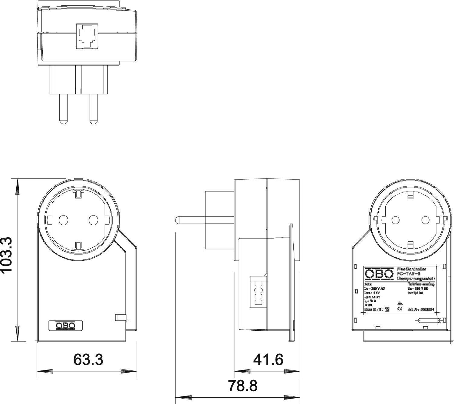 Tehnički nacrt adaptera za utičnicu s dimenzijama: širina 63,3 mm, dubina 41,6 mm, visina 103,3 mm, ukupna širina 78,8 mm.