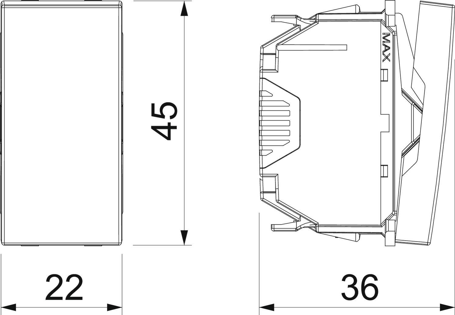 Crtež pravokutnog objekta iz dva kuta. Lijevo: pogled sa strane širine 22 mm i visine 45 mm. Desno: pogled dubine od 36 mm, označeno s 'MAX'.