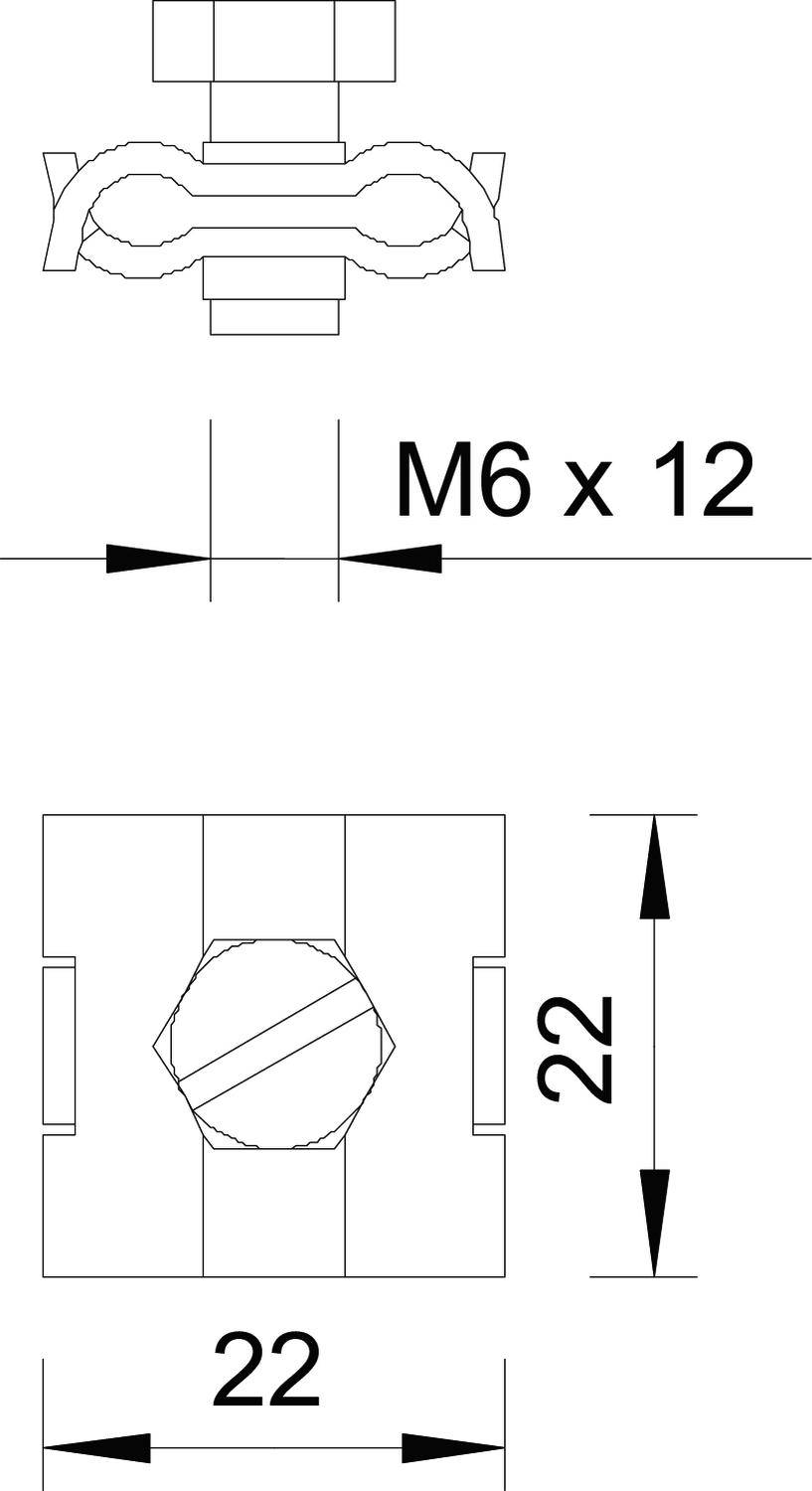 Tehnički nacrt vijka s maticom. Gore: Presjek spoja. Dolje: Pogled odozgo s dimenzijama 22x22 mm, M6 x 12.