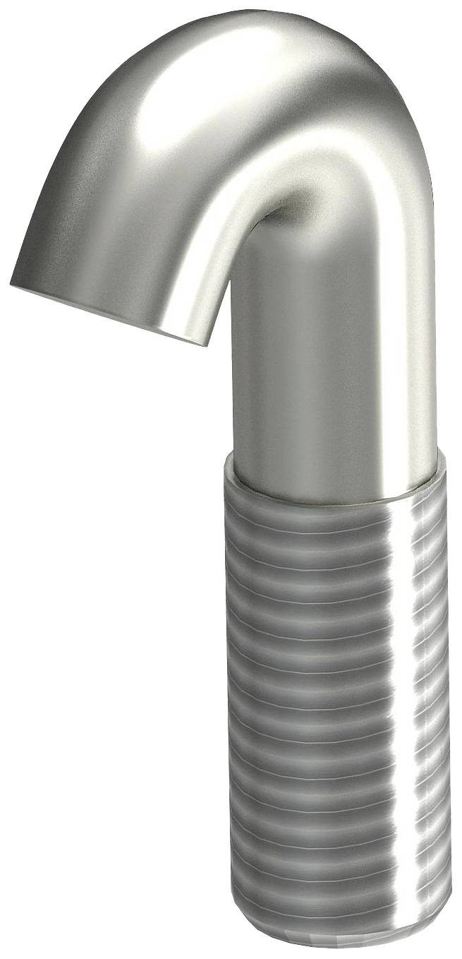 Metalna cijev: Savinuti gornji dio, cilindrični rebrasti shaft. Industrijsko dizajn, vjerojatno za sanitarije ili ventilaciju.
