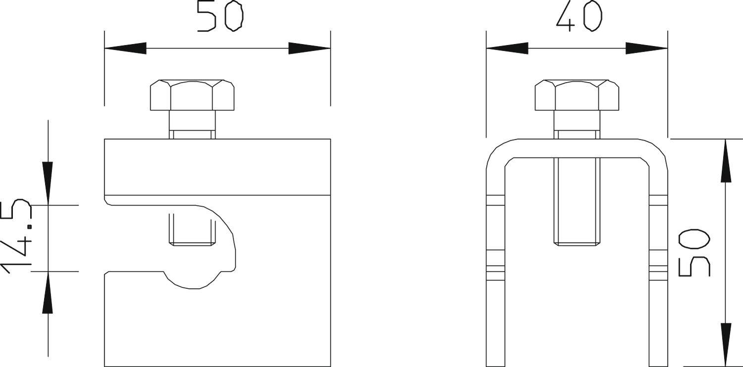 Tehnički nacrt dvije spajalice, svaka s mjerama u milimetrima: lijevo širina 50 mm, visina 14,5 mm; desno širina 40 mm, visina 50 mm.