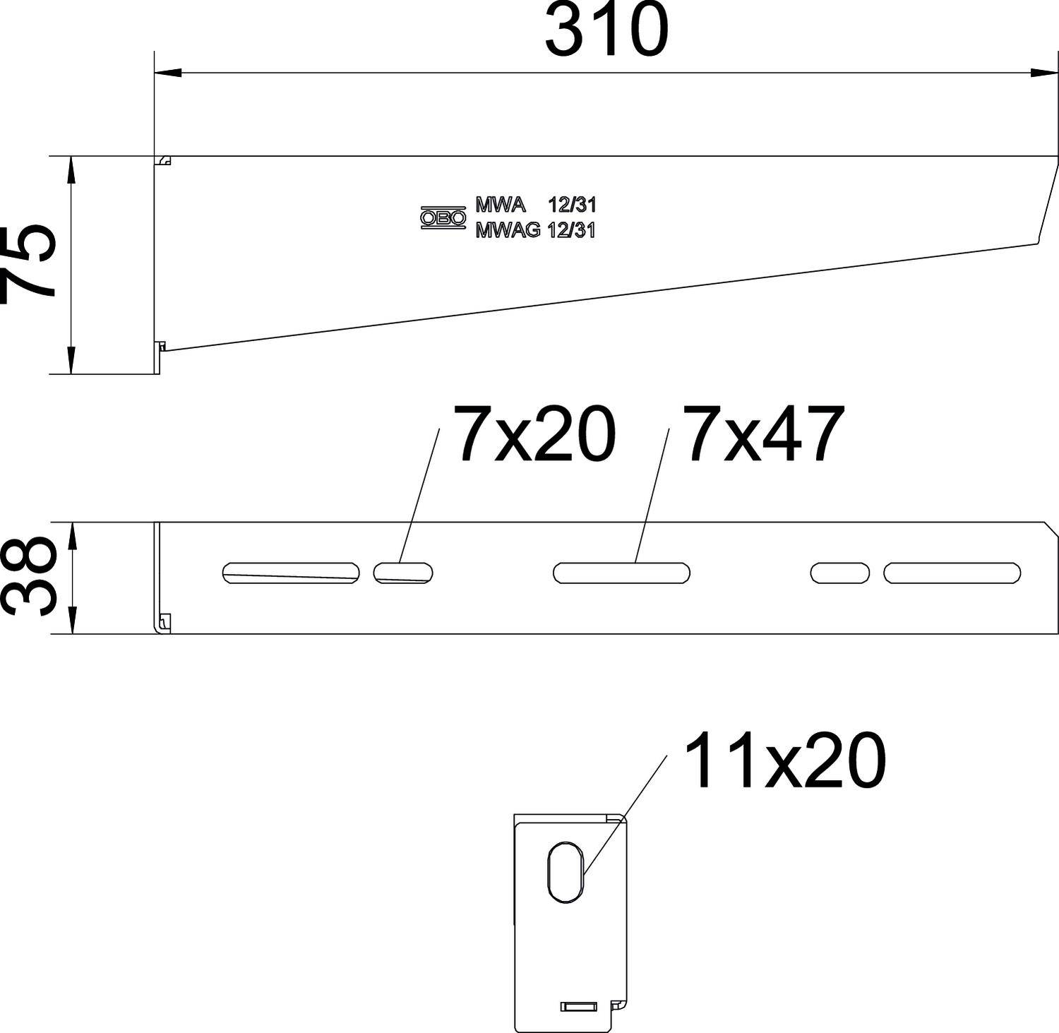 Tehnički nacrt metalnog kutnika sljedećih dimenzija: duljina 310 mm, visina 75 mm, širina 38 mm. Rupe: 7x20 mm, 7x47 mm, 11x20 mm.