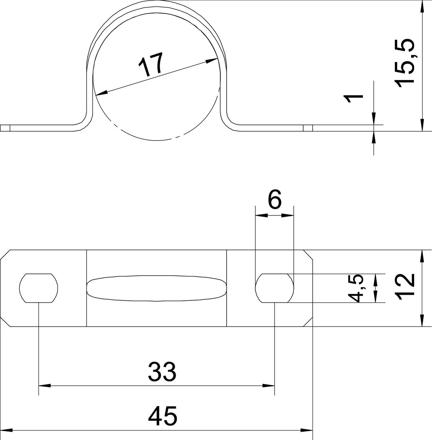 Tehnički nacrt metalnog nosača spajalice s dimenzijama: visina 15,5 mm, širina 45 mm, promjer rupe 17 mm, razmak između rupa 33 mm.