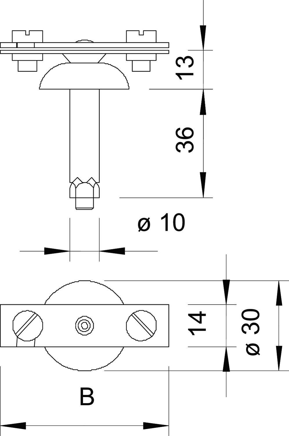 Tehnički nacrt vijka, prikazuje mjere 36 mm duljine, 10 mm promjera, pritrdne ploče promjera 30 mm i širine 14 mm.