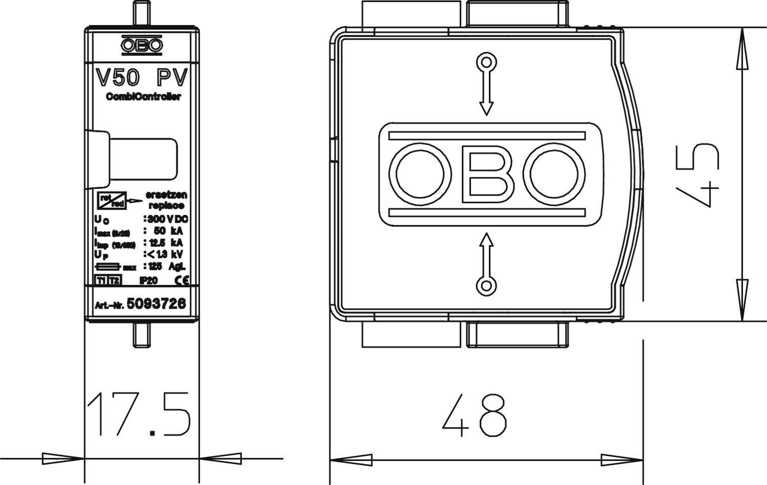 Tehnički nacrt kombiniranog odvodnika. Prikazuje dimenzije: visina 45, širina 48, dubina 17,5. Oznake i logotip "OBO" vidljivi.