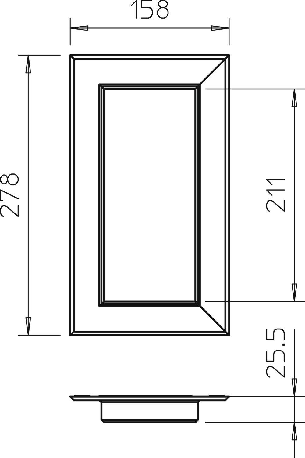 Tehnički nacrt pravokutnog okvira s dimenzijama: širina 158 mm, ukupna visina 278 mm, unutarnja visina 211 mm, dubina 25,5 mm.