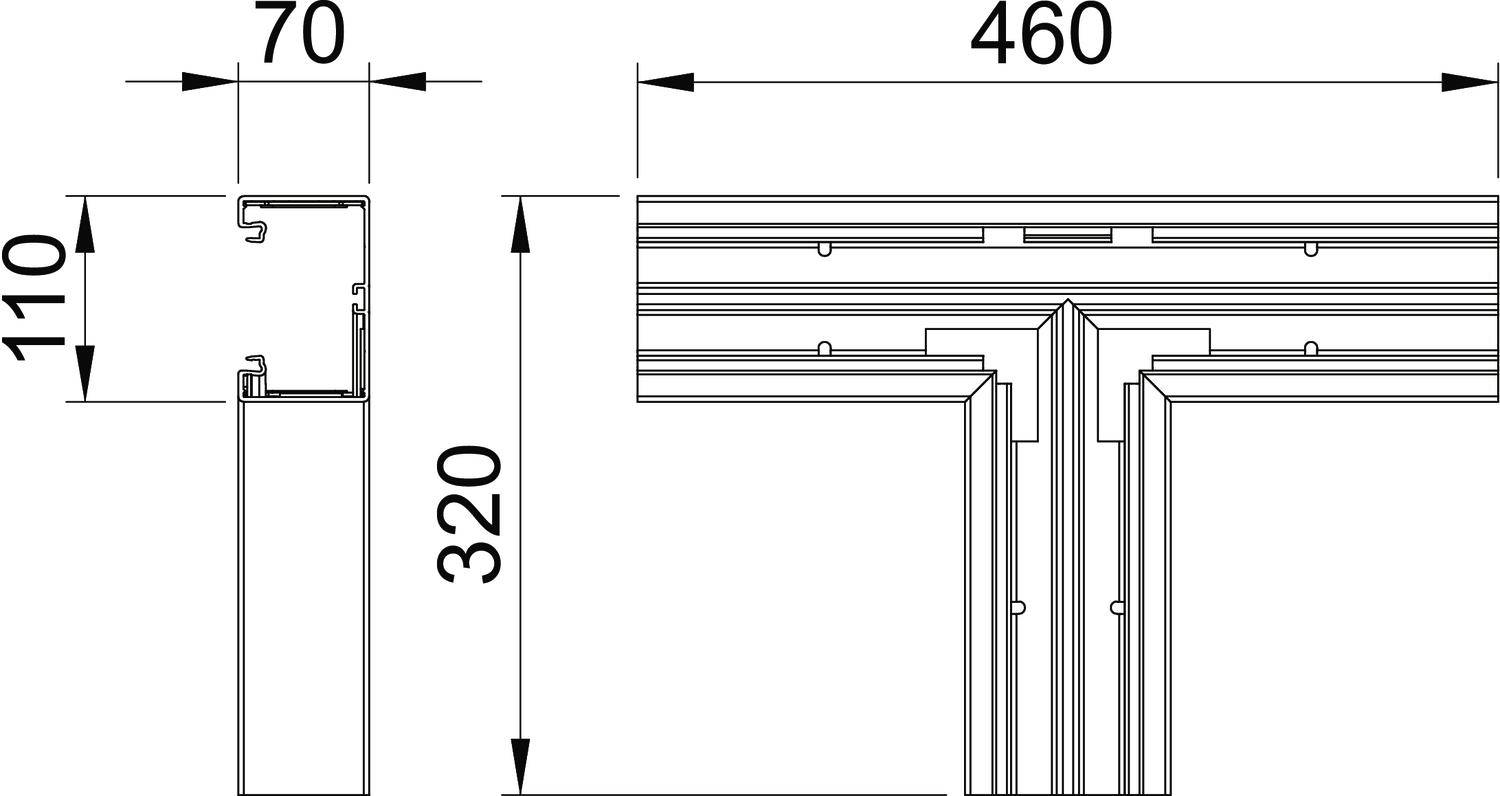 Tehnički nacrt T-profila s mjerama. Lijevo: visina 110 mm, širina 70 mm. Desno: širina 460 mm, visina 320 mm.