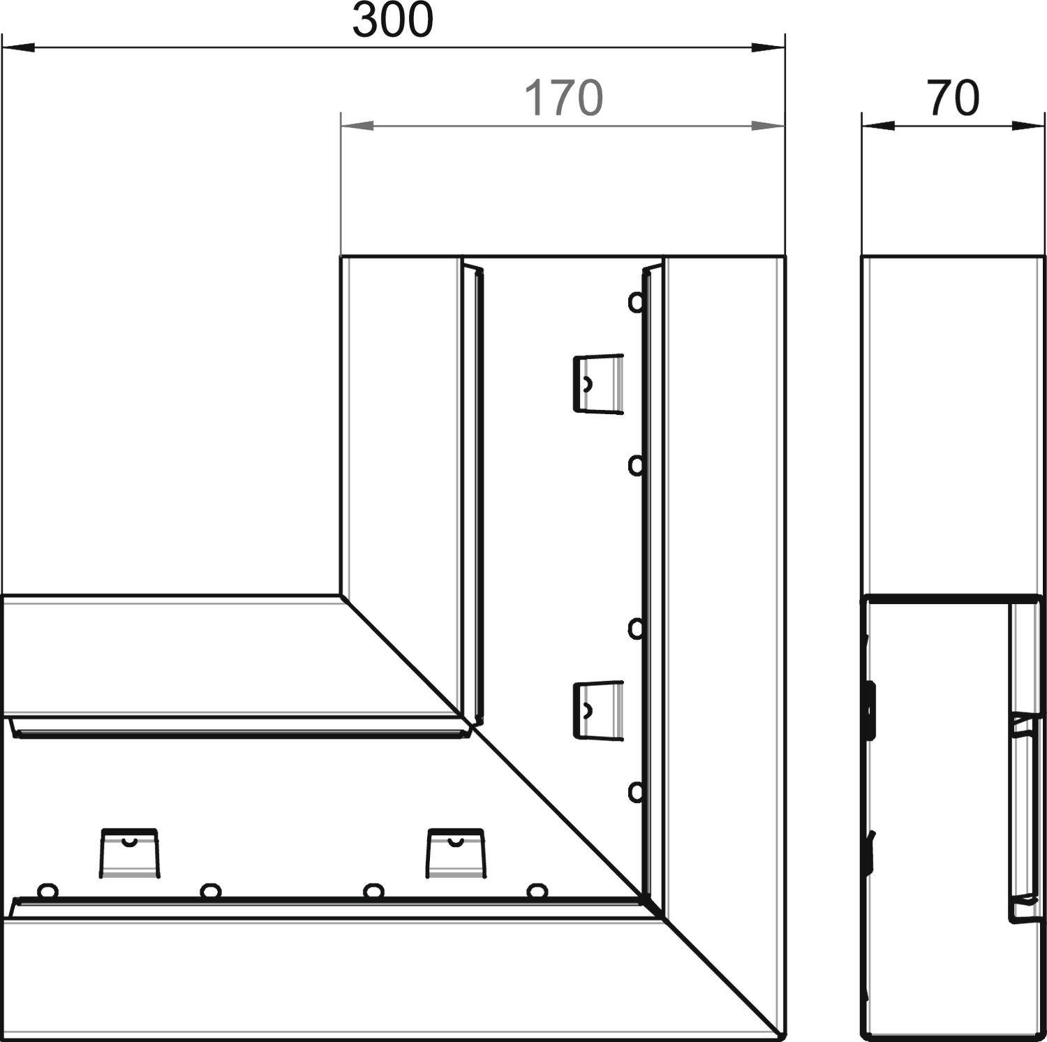 Tehnički nacrt L-obličnog metalnog profila s dimenzijama: duljina 300 mm, širina 170 mm, visina 70 mm; prikazuje mjesta pričvršćivanja.
