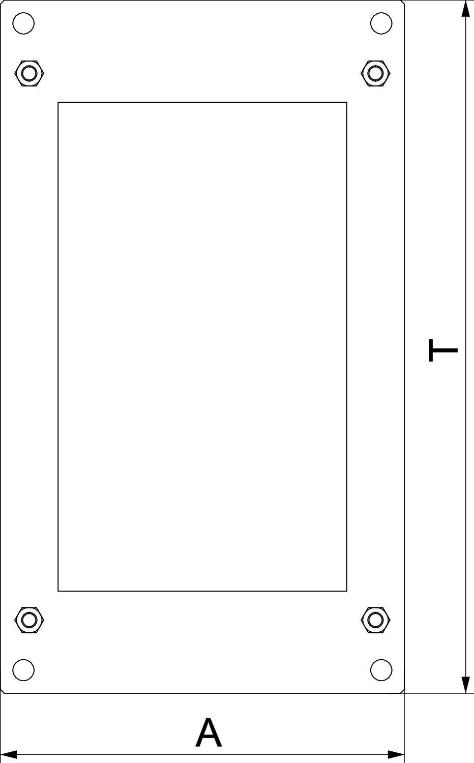 'Tehnički nacrt pravokutnog metalnog okvira s četiri vijka na uglovima. Oznake: širina (A) i visina (T).'