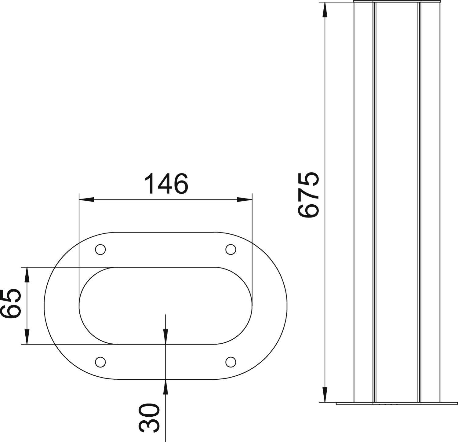 Tehnički nacrt opisane eliptične metalne ploče s pet provrta; dimenzije: 146x65 mm, razmak između rupa 30 mm. Pogled sa strane pokazuje visinu od 675 mm.