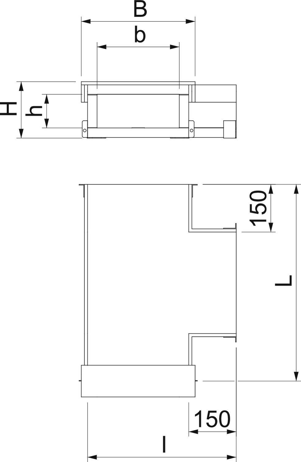 Tehnički crtež mehaničke komponente s dimenzijama B, b, H, h, L i l. Pravokutna i linearna struktura.