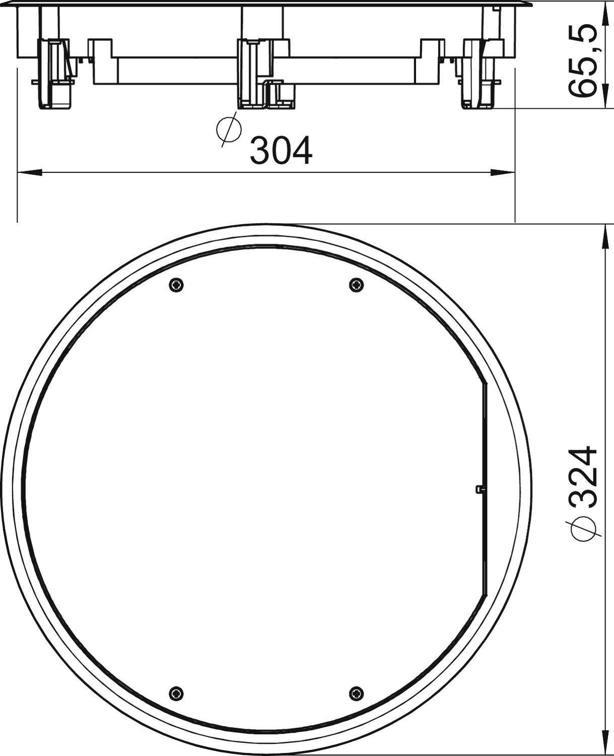 Tehnički nacrt okruglog dijela s gornjim i bočnim dimenzijama. Pogled odozgo prikazuje promjer od 324 mm.