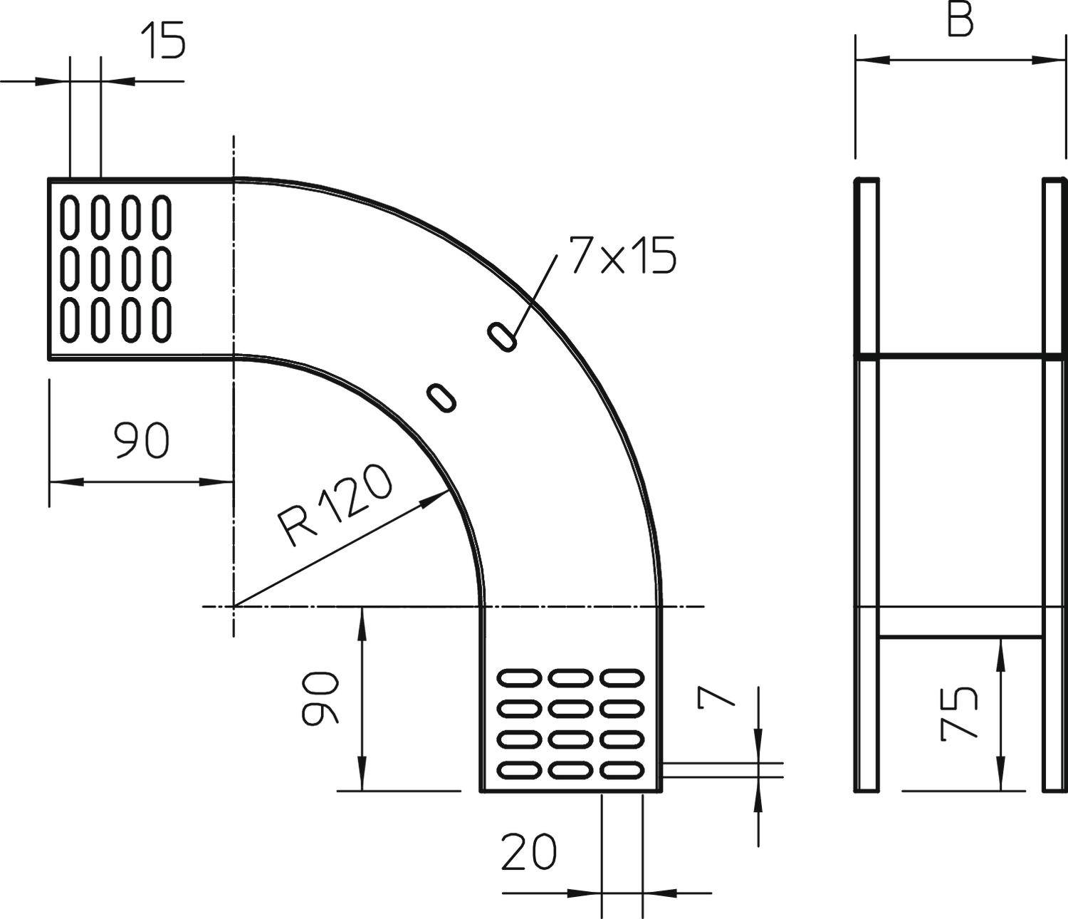 Tehnički nacrt zakrivljenog metalnog profila s podacima o rupama i dimenzijama, uključujući radijuse i udaljenosti.