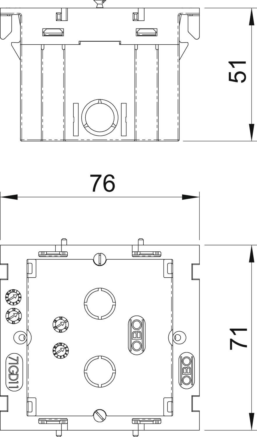 Tehnički nacrt pravokutnog uređaja dimenzija 76 x 71 mm i dubine 51 mm. Sadrži otvore i priključna mjesta.