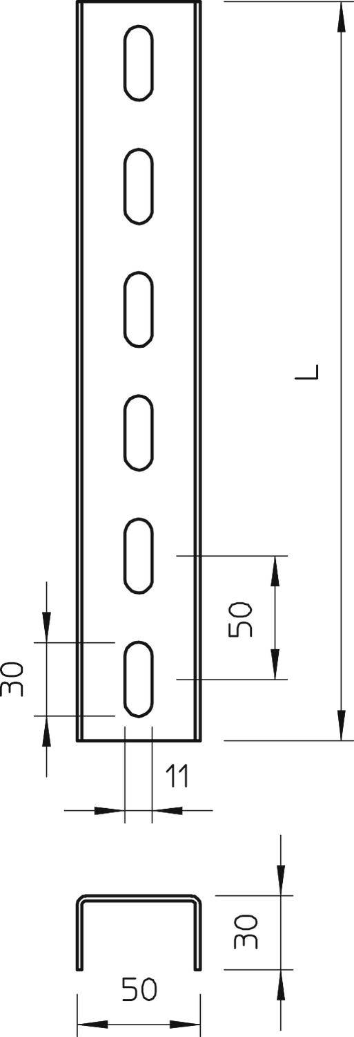 Tehnički nacrt U-profila. Gore: prednji pogled s ovalnim otvorima; dolje: poprečni presjek. Dimenzije: širina 50 mm, visina 30 mm, razmak između rupa 50 mm.