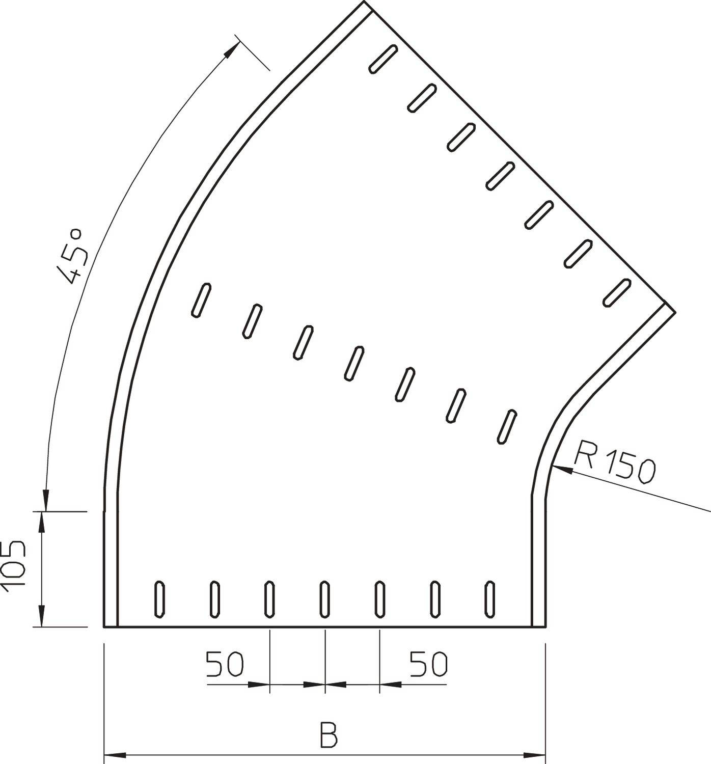 Tehnički nacrt dijela cijevi s 45-stupanjskim savijanjem, radijusom 150 mm, visinom 105 mm, širinom B, duljinama segmenata 50 mm.