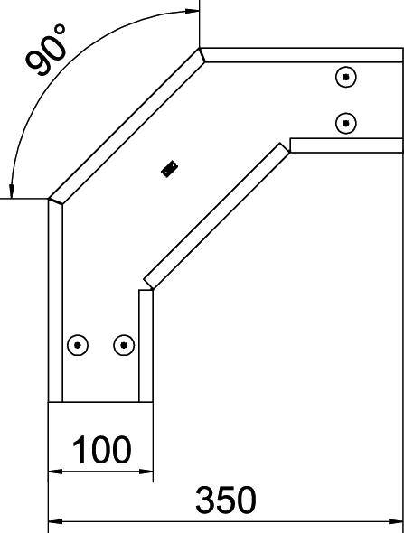 Tehnički nacrt pravokutnog metalnog profila s 90-stupanjskim zavojem. Dimenzije: 100 mm i 350 mm. Rupe za vijke su označene.