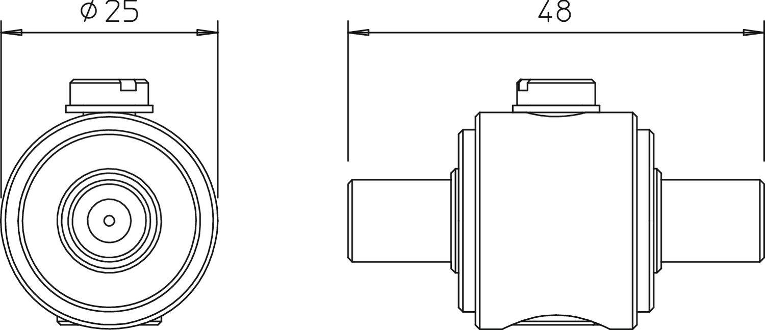 Tehnički nacrt cilindra promjera 25 mm i ukupne duljine 48 mm. Prikazuje prednji i bočni pogled.