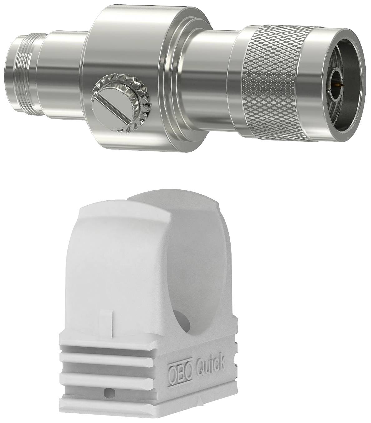 Metalnu vezu sa okretnim zatvaračem i naboranom površinom. Dolje bijeli plastični isječak s natpisom 'OBO Quick'.