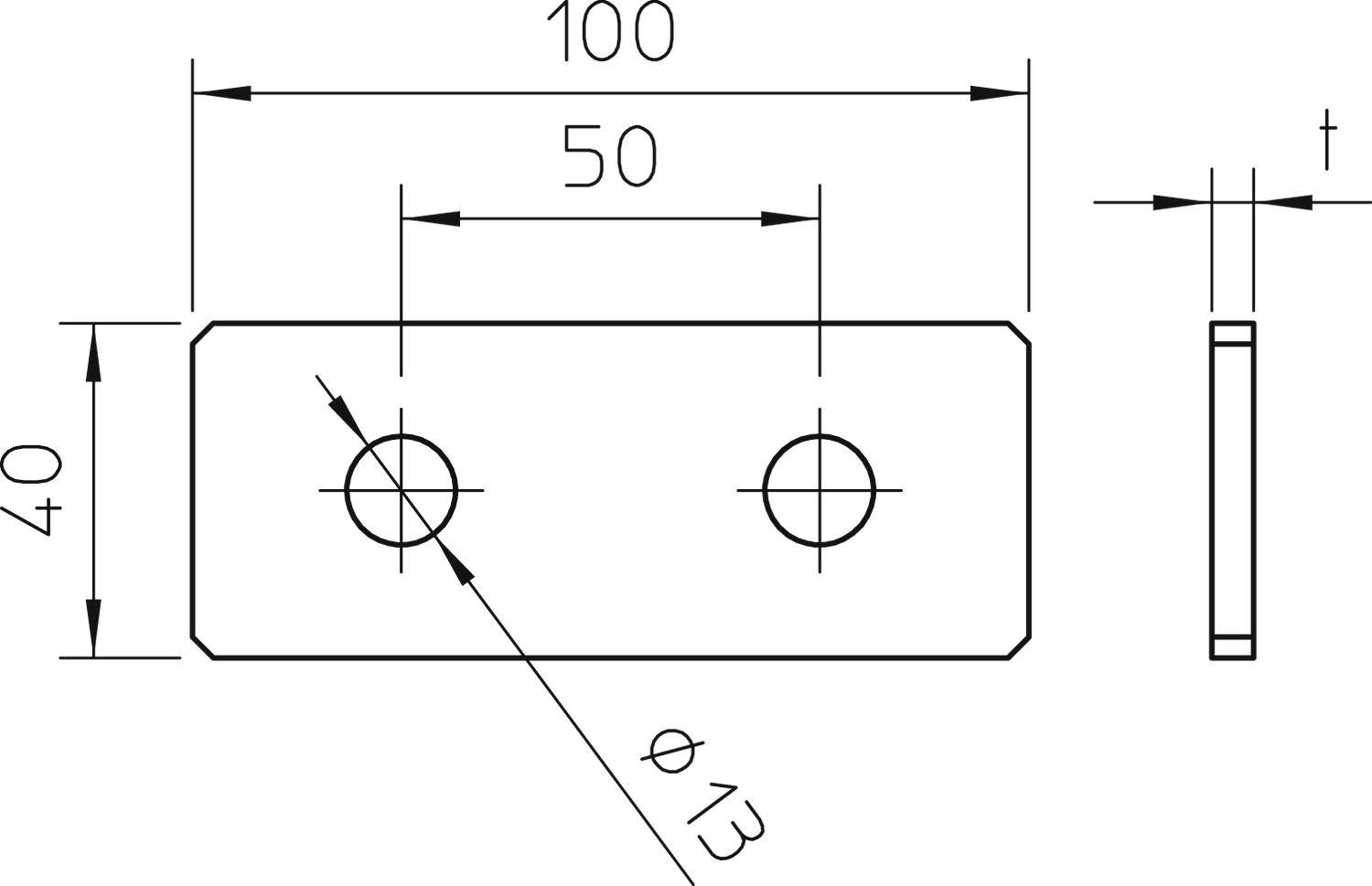 Tehnički nacrt pravokutnog metalnog lima sa sljedećim dimenzijama: 100 mm duljine, 40 mm širine, dva otvora promjera 13 mm.