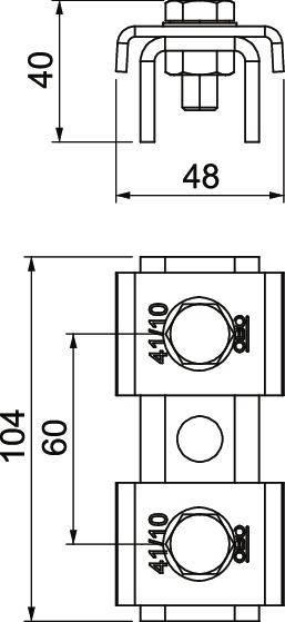 Tehnički nacrt metalnog spojnika s mjerama: 40 mm visina, 48 mm širina, 104 mm duljina. Prikazuje dvije pozicije vijaka.