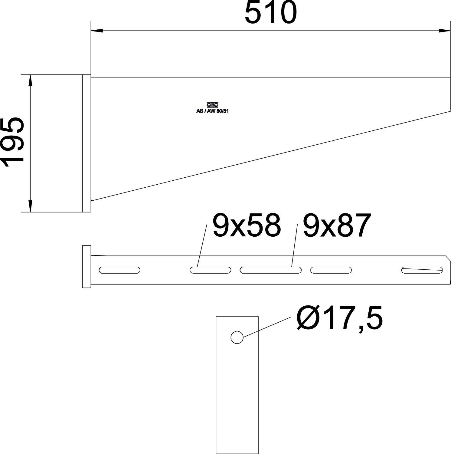 Tehnički nacrt metalnog nosača s mjerama: duljina 510 mm, visina 195 mm, rupe 9x58 mm, 9x87 mm, promjer 17,5 mm.