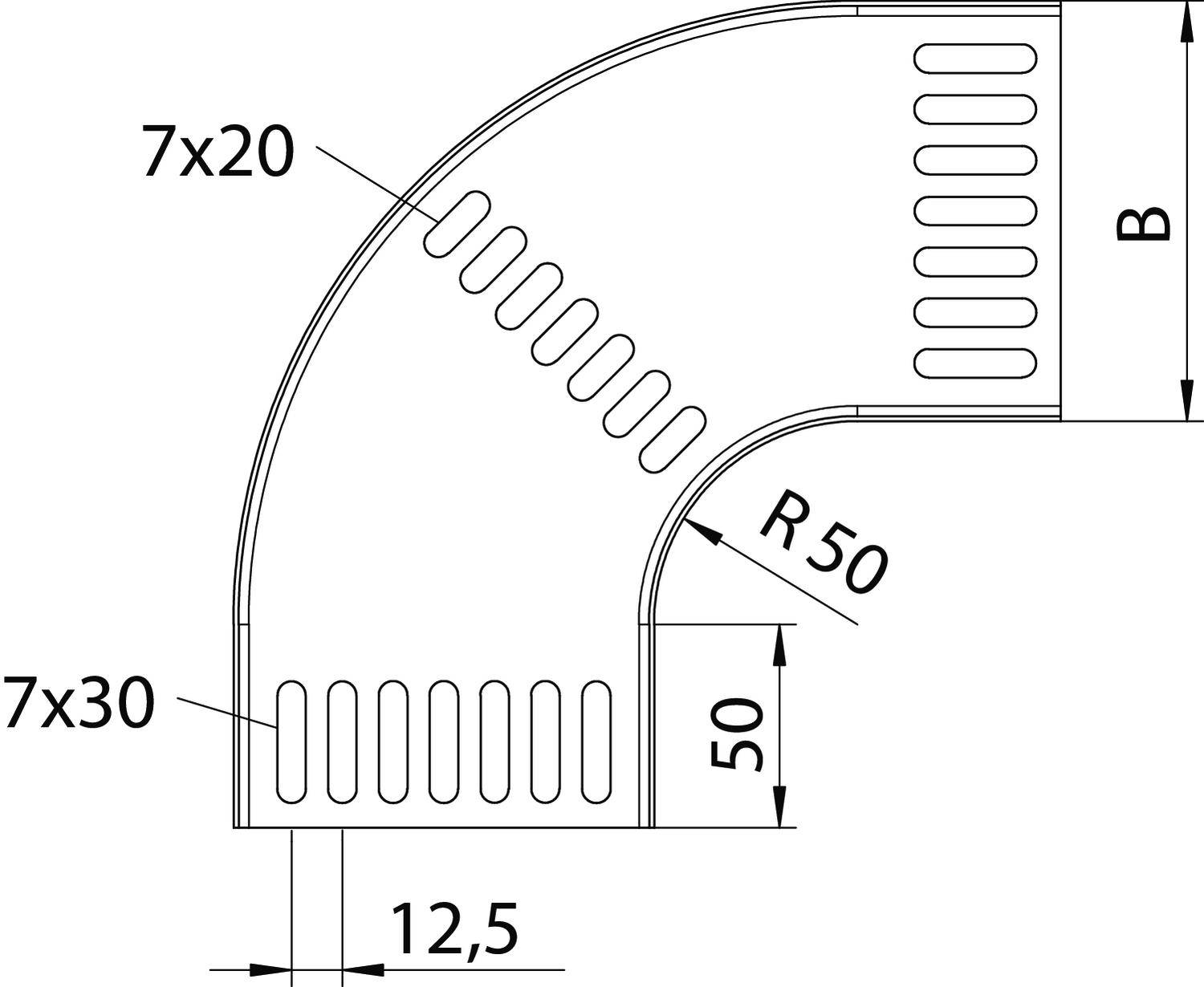Konstrukcijski nacrt zakrivljenog ventilacijskog elementa s dimenzijama: 90-stupanjsko savijanje, radijus 50 mm, izduženi otvori 7x20 mm i 7x30 mm.