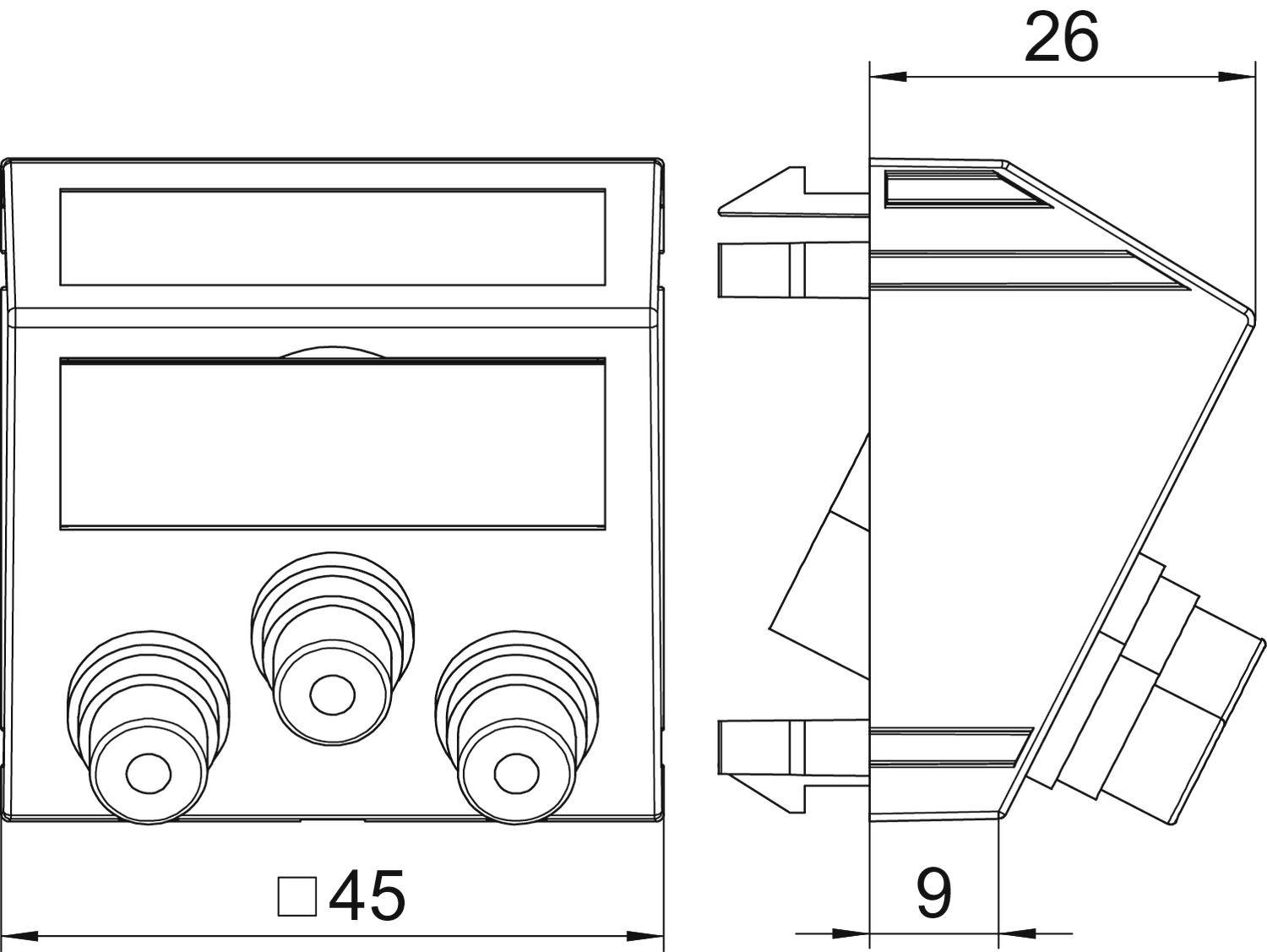 Nacrt pravokutnog elektroničkog uređaja s dimenzijama. Gornja strana s zaslonom, tri okrugla gumba na dnu, dimenzije: širina 45 mm, dubina 26 mm, gornja visina 9 mm.
