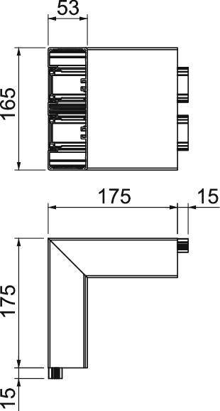 Tehnički nacrt kutne spojne strukture s dimenzijama: 165 mm, 53 mm i 175 mm. Prikazuje dva pogleda na strukturu.