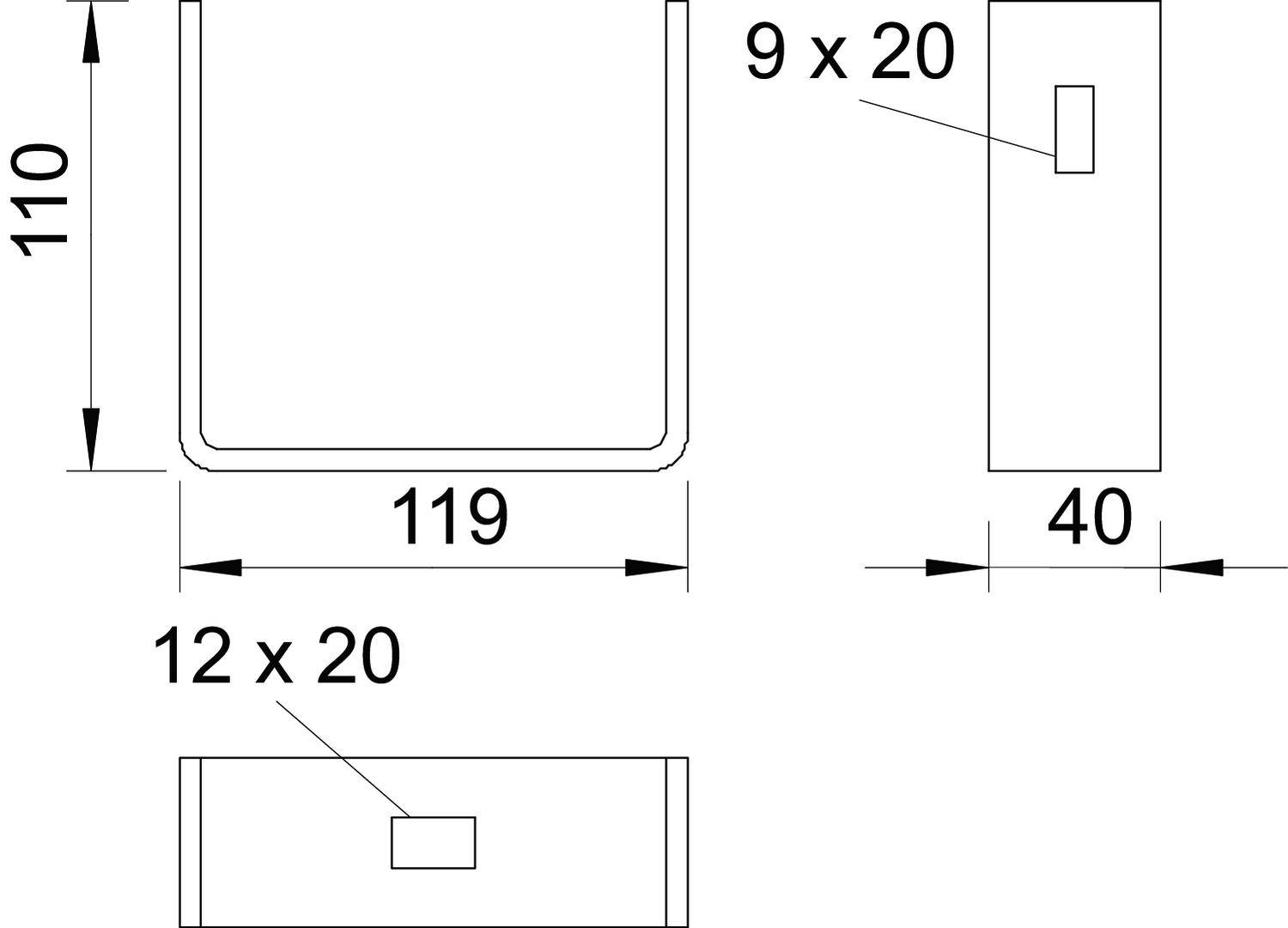 Tehnički nacrt U-oblika objekta. Dimenzije: visina 110, širina 119. Dodatni dijelovi: 9 x 20 i 12 x 20 sa strane širine 40.