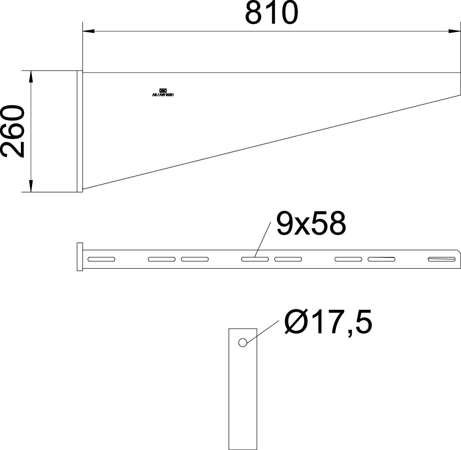 Tehnički nacrt konusnog dijela s dimenzijama 810 mm x 260 mm. Prikazuje otvore '9x58' i promjer rupe 'Ø17,5'.